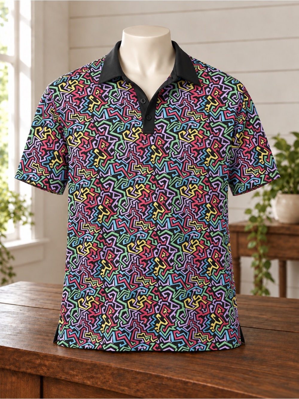 DEOLAX Geometric Short Sleeve Shirt in Black & Multicolor Medium